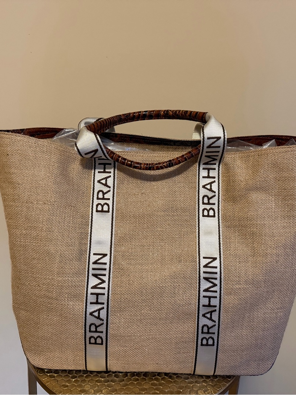 Brahmin Natural Canvas Tote with Brown Handles